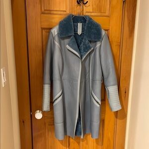 Womens Light Blue Shearling-Trim Leather Coat